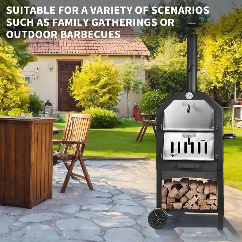 Pizza Oven Outdoor, Wood Fire Pizza Ovens for Outside, Pizza Maker with Waterproof Cover, 12" Pizza Stone, Pizza Spatula and 4pcs Grill Rack Included for Camping Backyard BBQ