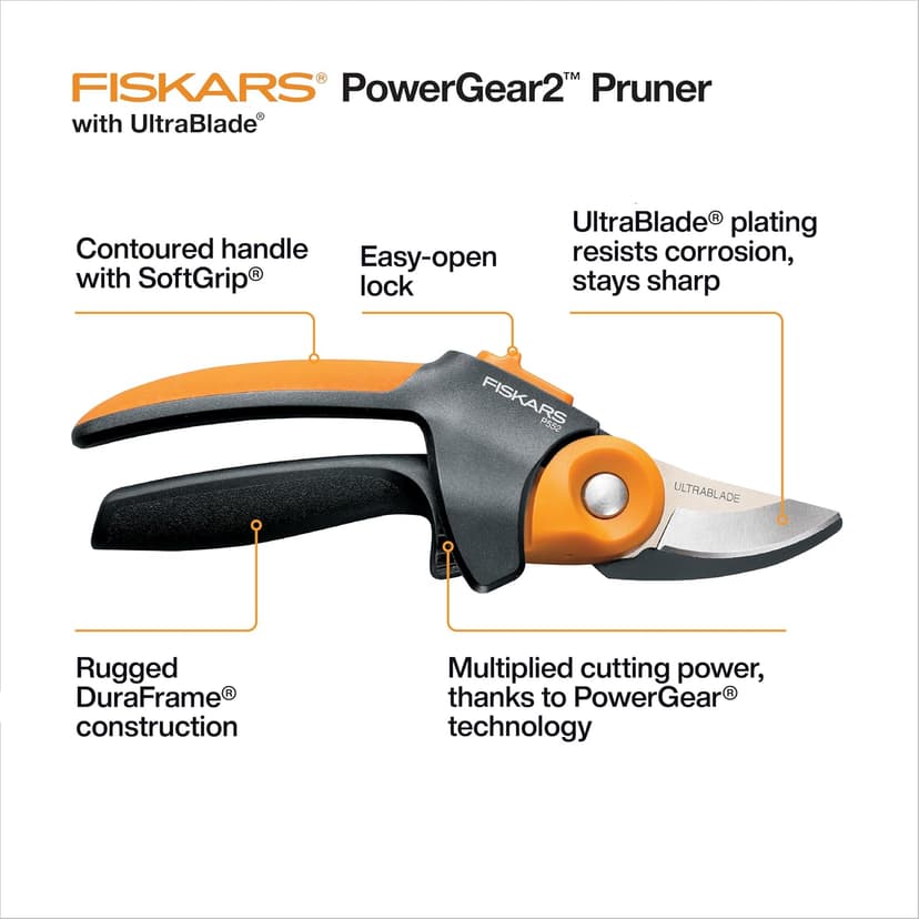 Fiskars Pruning Shears, PowerGear2 Technology Multiplies Power, Rolling Handle for Ease of Use, 3/4-Inch Cut Capacity Bypass Pruner, UltraBlade Coating and SoftGrip, Garden and Yard Tools
