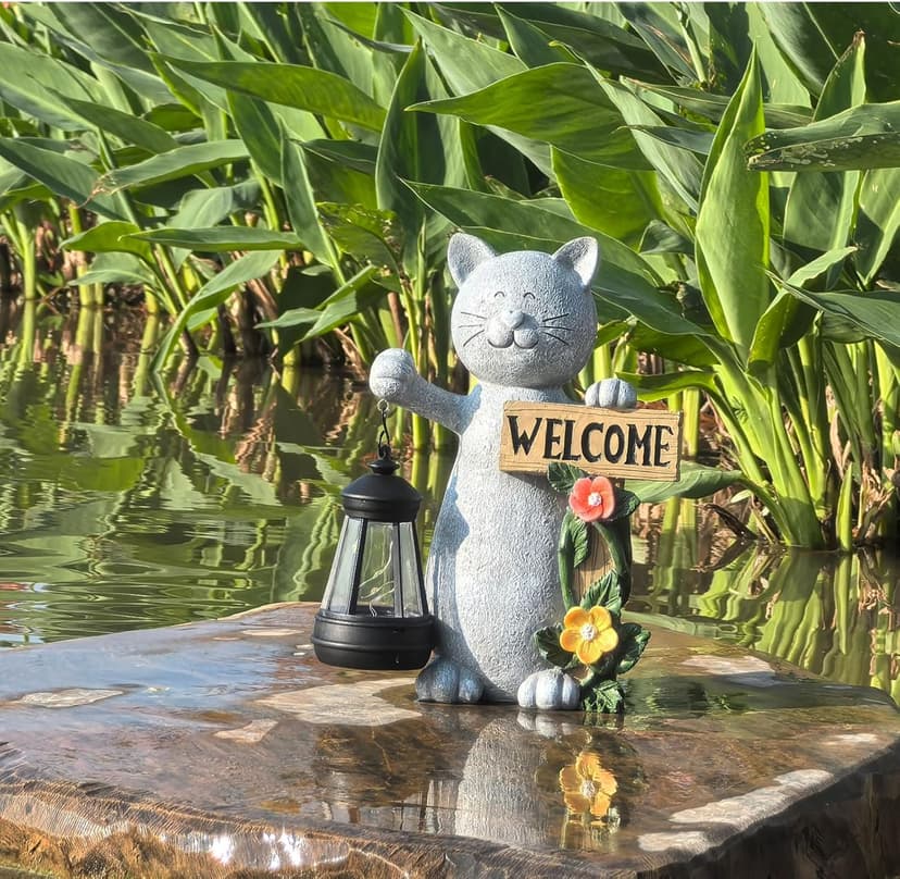 Solar Cat Statue Outdoor Decor-9.4" Welcome Garden Sculpture with Solar Lantern &3D Flowers,Weatherproof Resin Yard Art for Patio, Lawn,Yard Outside,Birthday Gifts for Mom,Grandma,Cat Lovers