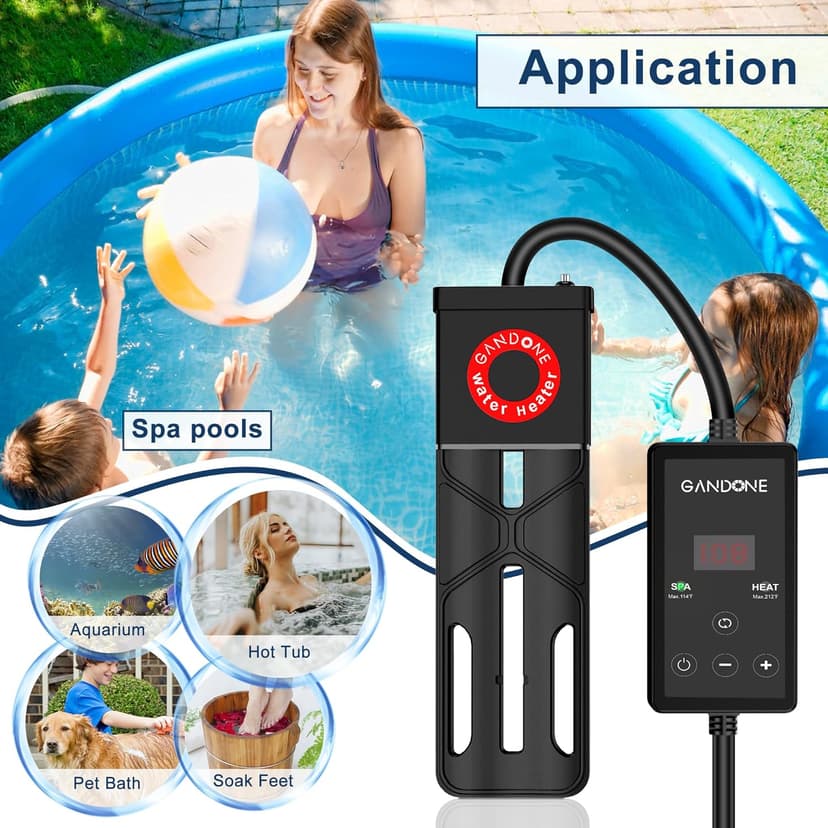 Dual Spa Water Heater, Portable Hot Tub Immersion Water Heater Cast Aluminum Submergible mit Temperature Sensor and Digital Display for Bathtub