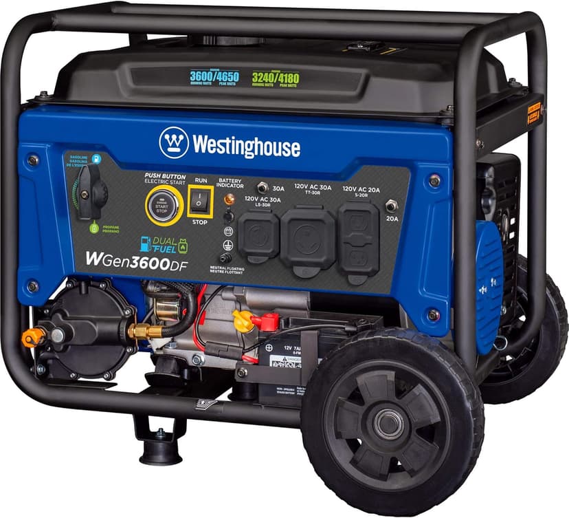Westinghouse 4650 Peak Watt Dual Fuel Portable Generator, Remote Electric Start with Auto Choke, RV Ready 30A Outlet, Gas & Propane Powered