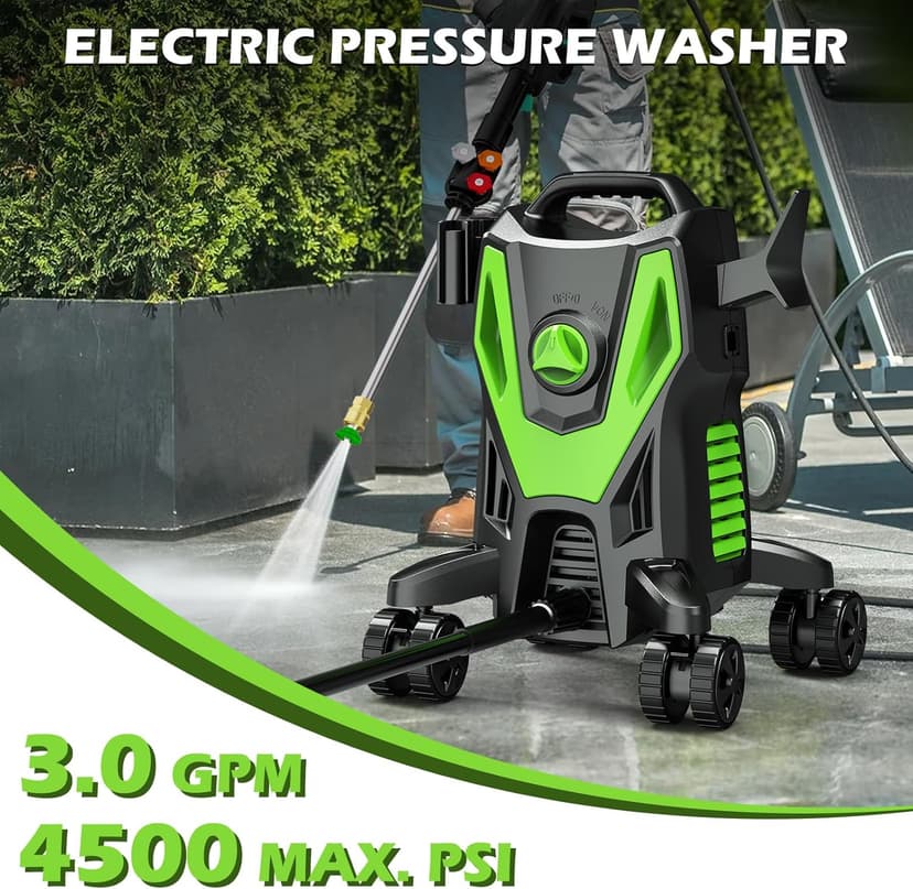 Electric Pressure Washer - 4500PSI 3.0GPM Power Washer with 500ML Foam Cannon, 4 Nozzle Tips, with 4-Wheel Anti-Tip Technology, 360° Swivels High Pressure Cleaning Machine for Cars, Driveways, Patios
