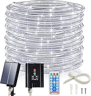 ICRGB 66FT 200LED Solar Rope Lights, Outdoor Waterproof Solar Lights with Remote, IP67 Solar Powered String Light with Timing & 8 Modes for Garden Tree Pathway Yard Pool RV Christmas Decor, White