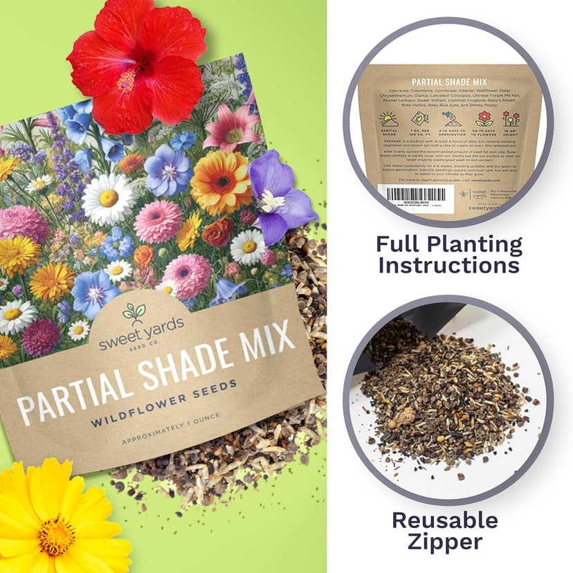 Wildflower Seeds Partial Shade Mix - 1 Ounce Over 7,000 Open Pollinated Annual and Perennial Seeds