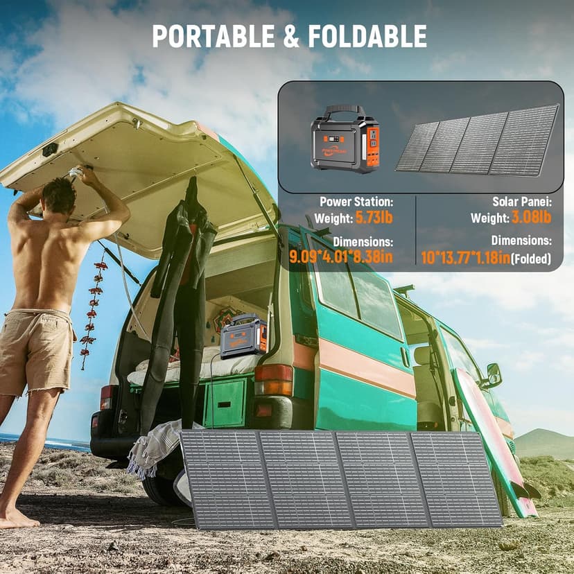 POWSTREAM 300W Solar Powered Generator 296Wh Portable Power Station with Solar Panel Foldable 60W Included, Battery Charger Power Bank with AC Outlet for RV Trip Camping Emergency Home Outage CPAP