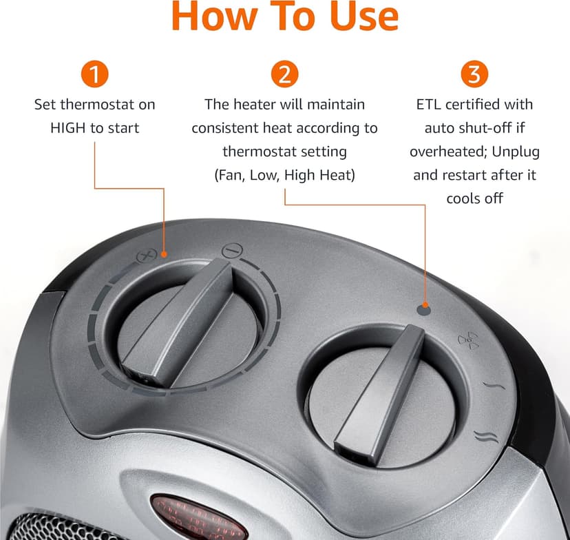 Amazon Basics Ceramic Space Heater, Portable Heater for Indoor Use, for Office and Home, With Overheat and Tip-Over Protection, Thermostat, Non-Oscillating, 1500W, Silver, 7.52"D x 6.34"W x 9.45"H