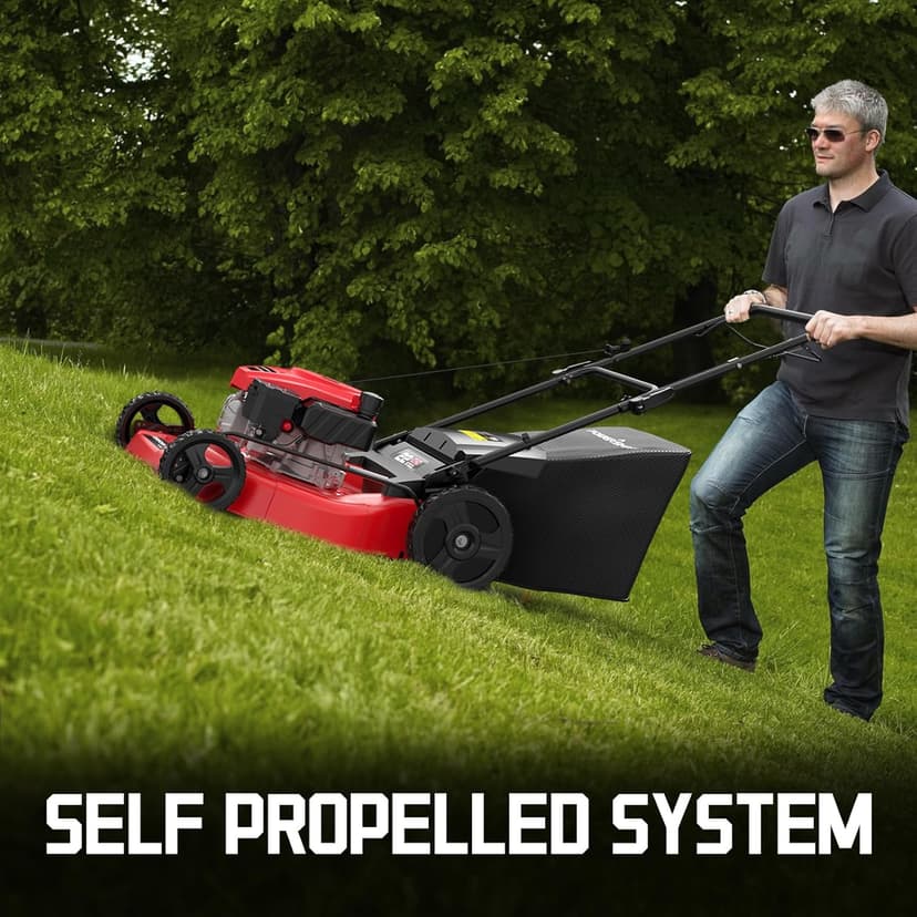 PowerSmart Self Propelled Gas Lawn Mower, 22 in. with 170cc OHV Engine, 3-in-1 Rear-Wheel-Drive High Wheels, Red