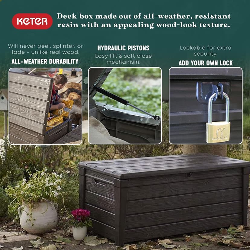 Keter Outdoor Storage Deck Box, Waterproof Patio & Pool Bin, Large, 120 Gallon, Brown