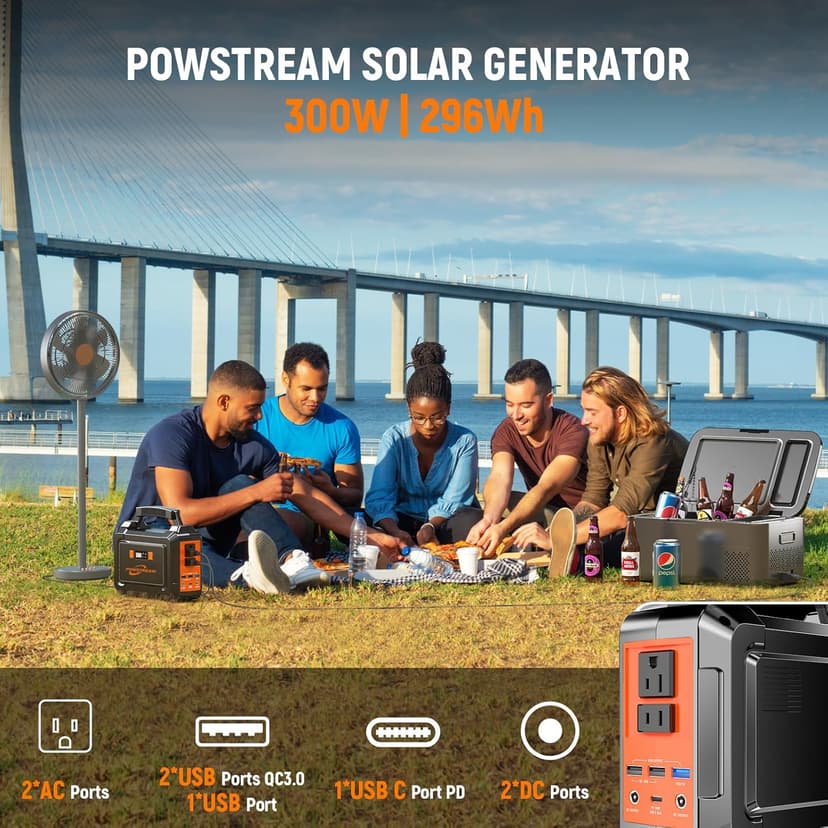 POWSTREAM 300W Solar Powered Generator 296Wh Portable Power Station with Solar Panel Foldable 60W Included, Battery Charger Power Bank with AC Outlet for RV Trip Camping Emergency Home Outage CPAP