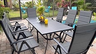 PURPLE LEAF 9 Pieces Outdoor Patio Dining Set with 8 Folding Portable Chairs and 1 Rectangle Aluminum Table, Foldable Adjustable High Back Reclining Chairs with Soft Cotton-Padded Seat, Grey