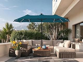 Sophia & William 13ft Patio Umbrella with Crank Lift, Large Outdoor Double-sided Umbrella with 120 LED lights, Perfect for Deck, Pool, Garden, Cyan Blue