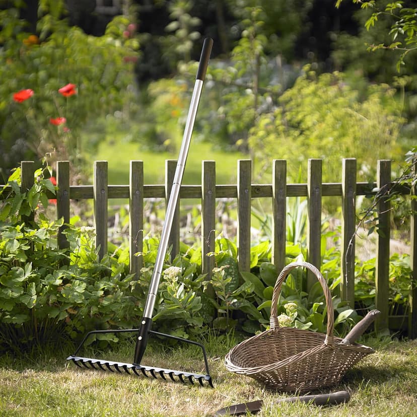 Garden Rake, Carbon Steel Sturdy and Heavy Duty Carbon Rake, Bow Rake with Adjustable Stainless Steel Handle, Long Hand for Loosening Soil Leveling Mulch Gathering Leaf