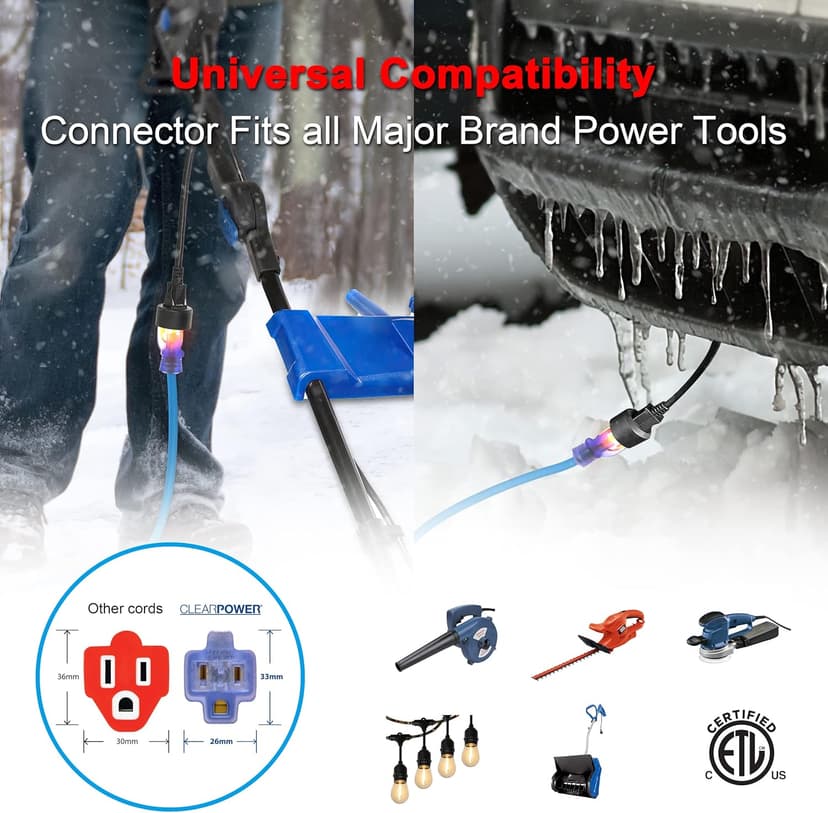 Clear Power 15 ft Extreme Cold Weather Outdoor Extension Cord, Lighted End, 16/3 SJTW, Works Down to -50°C, Power Indicator Light, 3-Prong Grounded Plug, Blue, DCOC-0072-DC