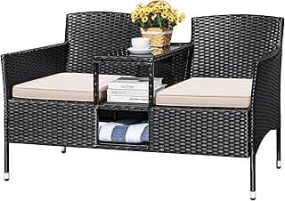 Devoko Outdoor Patio Loveseat Modern Rattan 2-Seat Patio Conversation Set with Cushions & Built-in Coffee Table Porch Furniture for Garden Lawn Backyard (Beige)