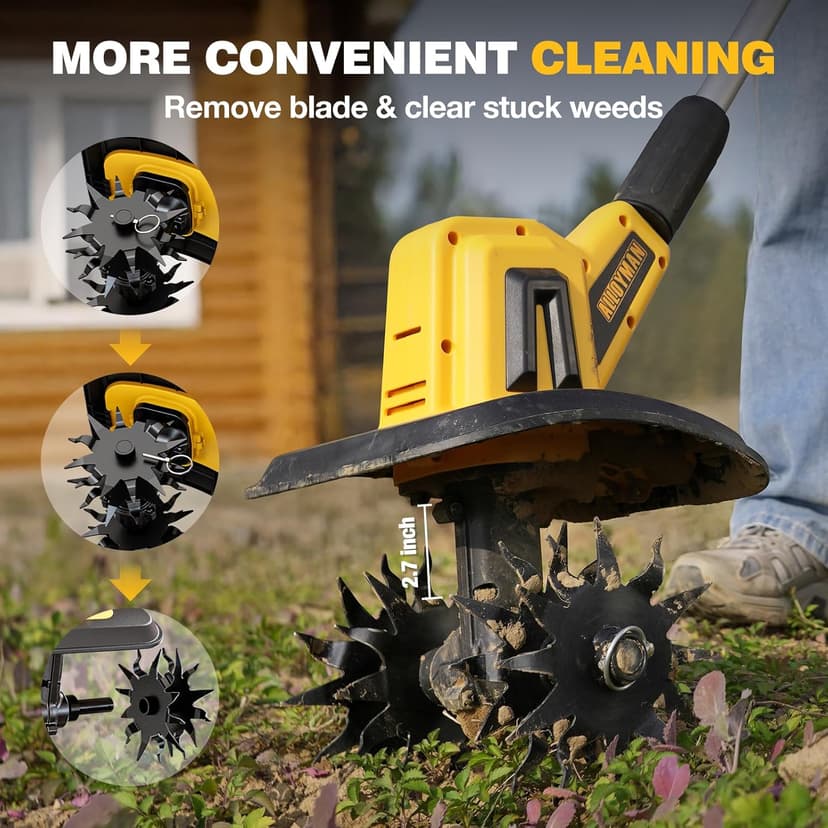 Alloyman 20V Cordless Tiller Cultivator, 360RPM Electric Garden Tiller, with 2 * 2.0Ah Batteries & Charger, 9In Tilling Width and 6.6In Depth Garden Rototiller for Lawn/Gardening/Soil Cultivation