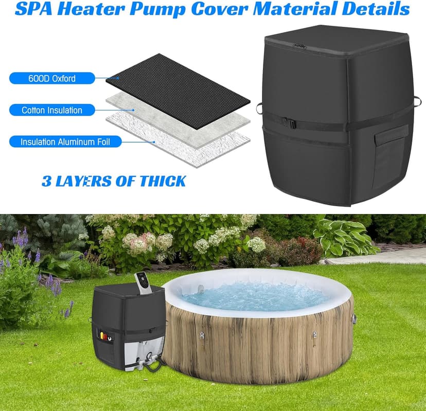 Hot Tub Spa Heater Pump Cover,Waterproof 600D Oxford Fabric Aluminum Film Insulated Cover,Inflatable Hot Tub Spa Heater Pump,Easy Installation with Zipper and Adhesive Straps,Black,Square