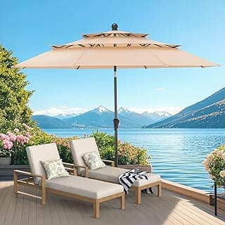 10 FT Patio Umbrella, 3 Tier Outdoor Table Umbrella with 8 Sturdy Glass Fiber Ribs and Push Button Tilt, Outdoor Patio Umbrellas for Market Pool Garden Backyard, 1.5" Pole, Champagne (No Base)