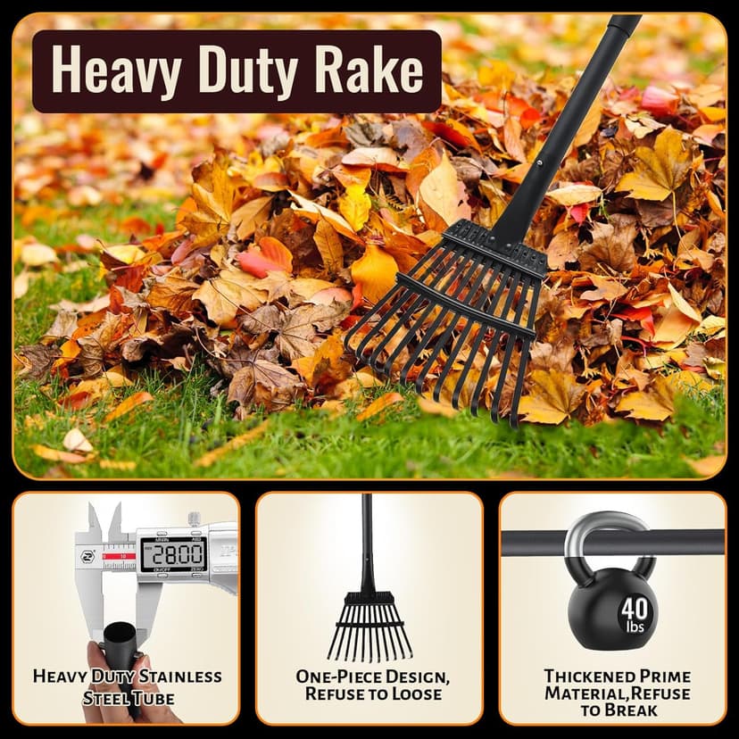 Small Garden Rake for Leaves,11 Tines Heavy Duty Metal Yard Hand Rake with 63in Long Adjustable Handle, Ideal Leaf Scoops Garden Tool for Gathering Leaves, Shrub,Poop, Leveling Grass,Flower Beds,Yards