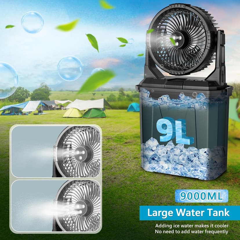 GHORA Portable Misting Fan with Remote,Camping Fan with 20000mAh Rechargeable Battery,9L Water Tank,4 Speed Levels,4 Spray Modes,RGB Lights for Fishing,Travel,Garden Parties,Outdoor Indoor Cooling