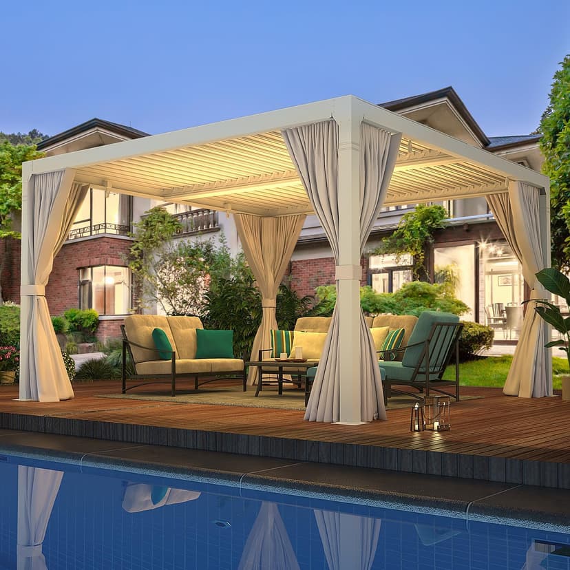 YOLENY Louvered Pergola 12x12, All Aluminum Pergola with Adjustable Rainproof Roof, Outdoor Pergola with Curtains and Nets for Patio & Garden, White