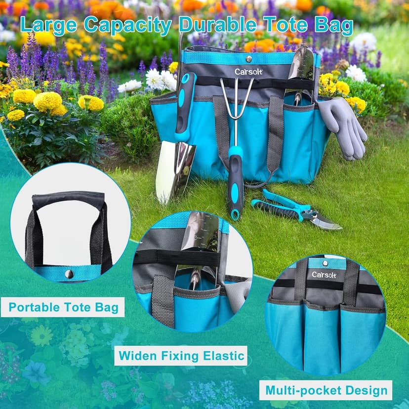 10 Piece Heavy Duty Stainless Steel Garden Tools Set with Ergonomic Rubber Handle. Variety of Gardening Hand Tools for Planting. Ideal Garden Gifts