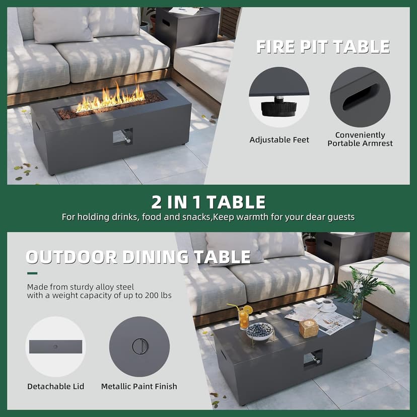 UPHA 42-inch Outdoor Propane Gas Fire Pit Table 50000 BTU Iron Rectangle FirePit for Outside Patio with Tank Hidden Table, Removable Lid, Lava Rocks, Rain Cover, Grey