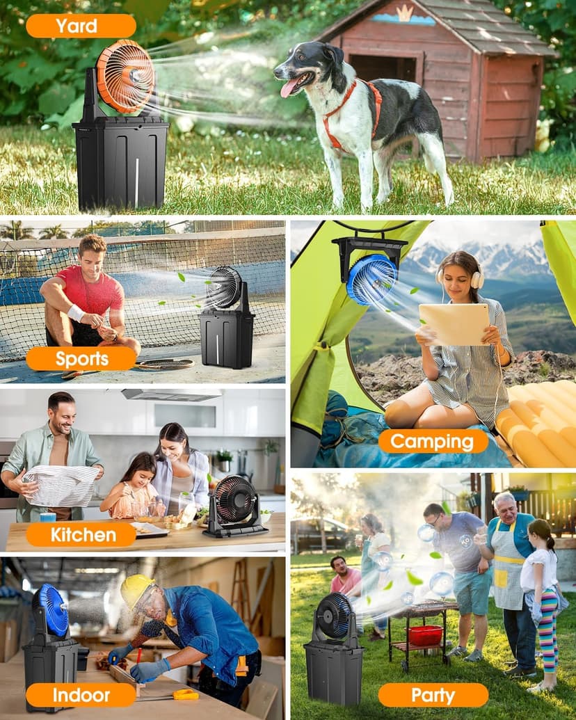 Ausic 9L Bucket Portable Misting Fan for Outdoors Patios, 20000mAh Rechargeable Battery Operated Camping Fan, 3 Strong Winds, 3 Large Spray Outlets, for Fishing/Travel/Garden Party/Golf/Tent/Office