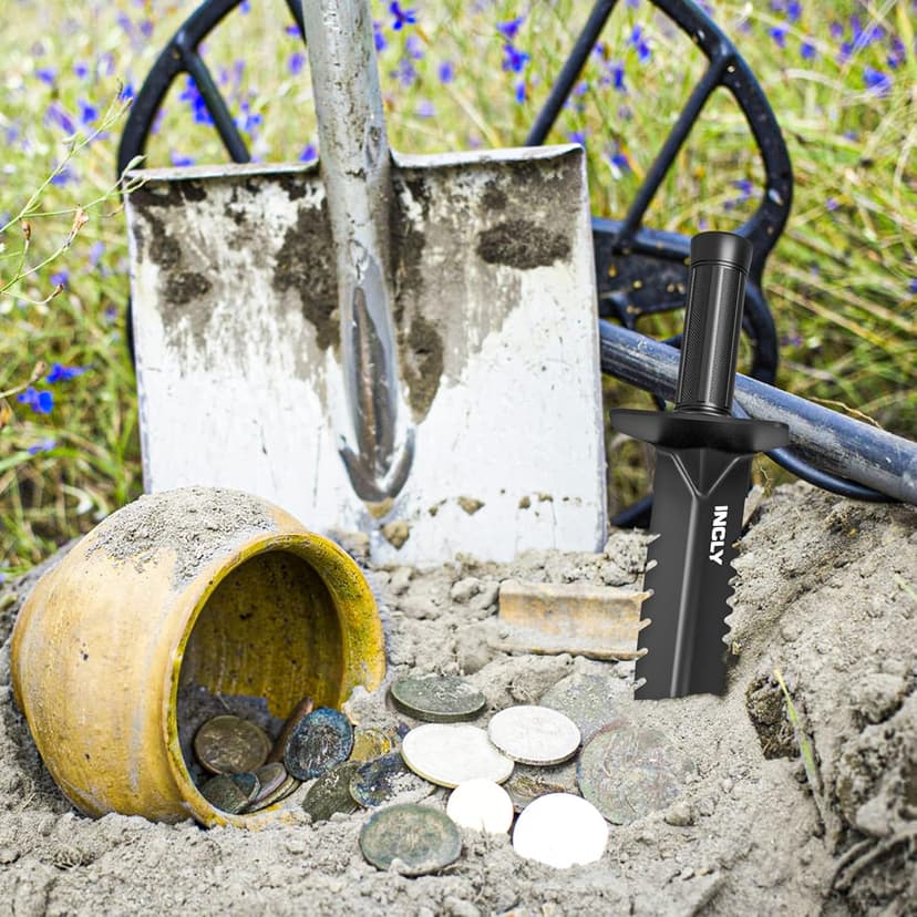 INCLY Metal Detector Shovel, Heavy Duty Double Serrated Edge Digger, Detecting Digging Tool with Sheath for Belt Mount, Gardening & Detecting Accessories for Metal Detection Digging Weeding Planting