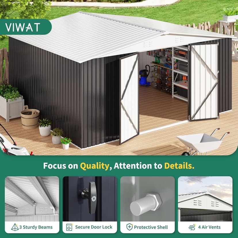 12x14 FT Outdoor Storage Shed, Metal Shed with Updated Frame Structure and Lockable Doors, Large Shed Upgrade Height Ideal for Garden, Backyard, Patio Utility and Tool Storage, White