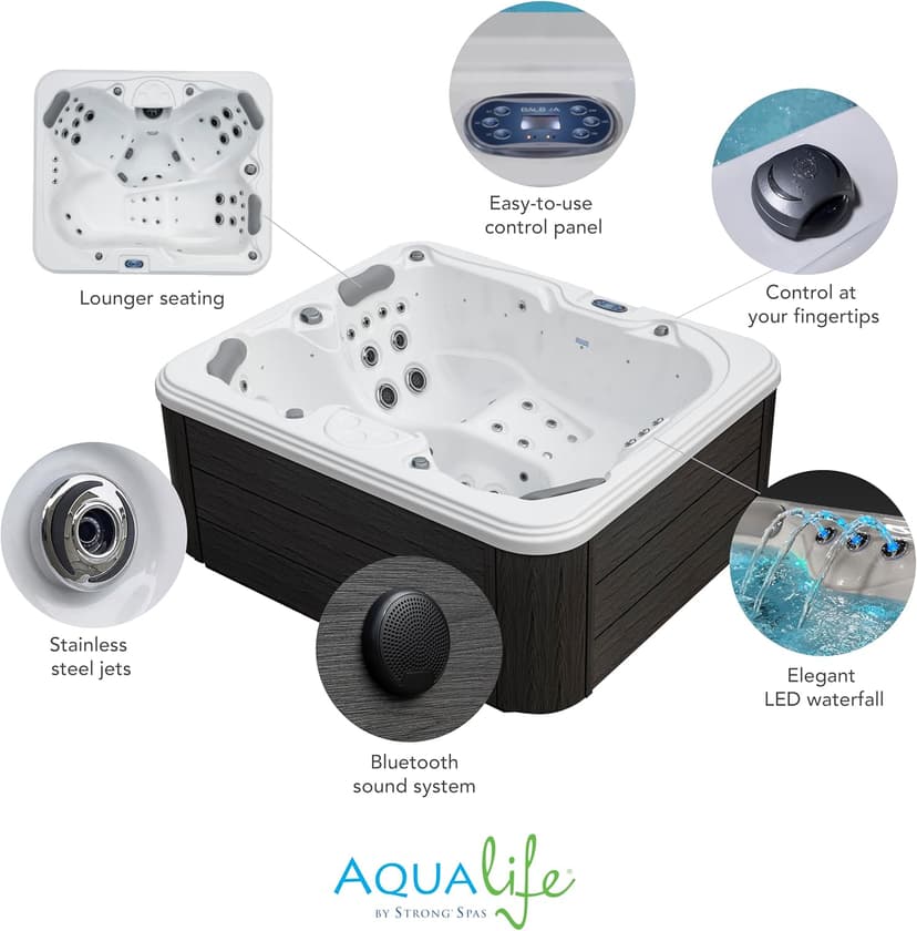 Excellence Outdoor Hot Tub, FIts 4 Adults, Indoor Outdoor Hot Tub, 41 Jets, Cover Included, Lounger Spa, Bluetooth Stereo, LED Water Fall, Wellness Tool, Aqualife by Strong Spas