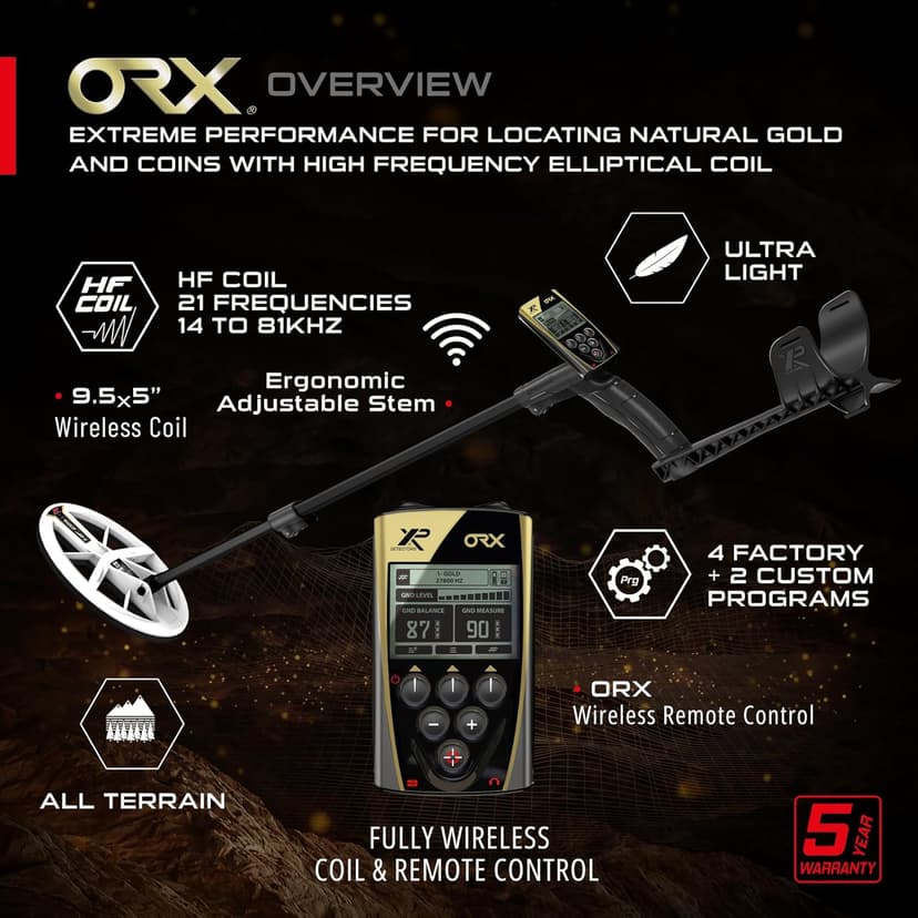 XP Metal Detectors ORX Detector - Specialized in Gold Hunting - with HF Elliptical Coil (9.5x5'') up to 80kHz, Remote Control and S-Telescopic Lite Stem, (ORX-ELLHFRCE)
