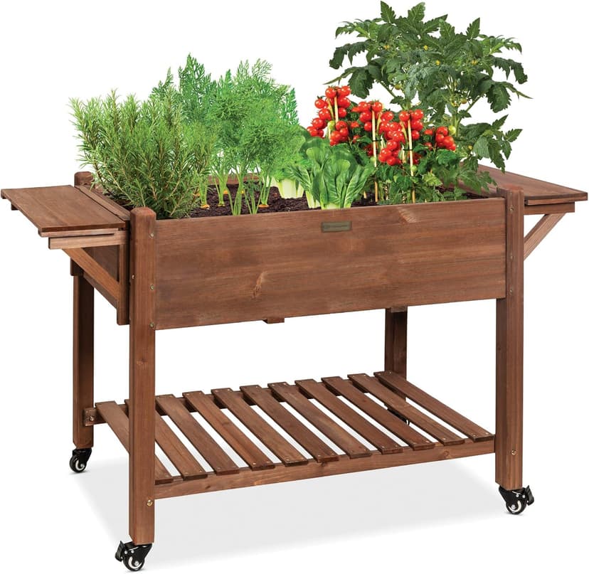 Best Choice Products 57x20x33in Mobile Raised Garden Bed Elevated Wood Planter Box Stand for Backyard, Patio w/Folding Side Tables, Locking Wheels - Brown