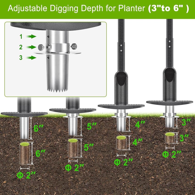 Dolibest Bulb Planter Tool w/Soft Grip, Grass Plugger Tool w/Stainless Steel Sharp Serrations, Depth Adjust Pre-Assembled Sod Plugger w/Centre Auto Dump Design for Lawn Planting Bulbs and Grass Repair