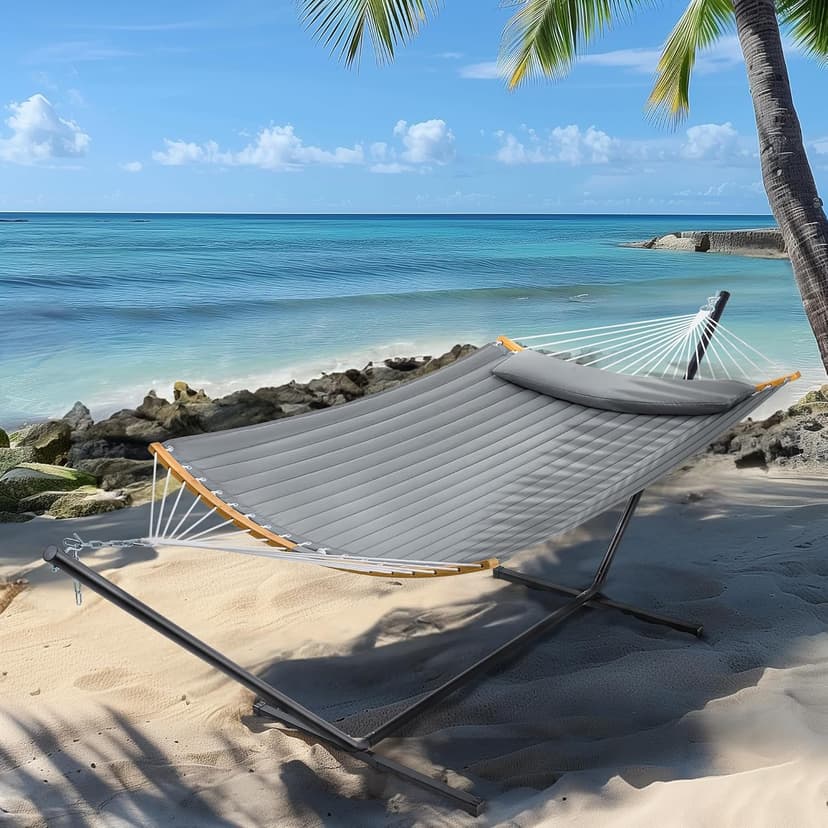 SUPERJARE Hammock with Stand, 2 Person Heavy Duty Hammock Frame, Detachable Pillow & Strong Curved-Bar & Portable Carrying Bag, Perfect for Outdoor & Indoor - Gray