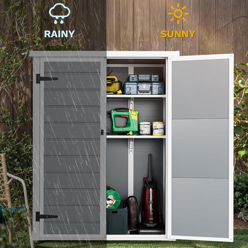 DWVO Outdoor Vertical Storage Shed with 2 Shelves, 49 Cu Ft Waterproof Resin Garden Shed with Floor & Lockable Door, Plastic Tall Tool Cabinet for Garbage Cans, Lawn Equipment, Garden Supplies (Gray)