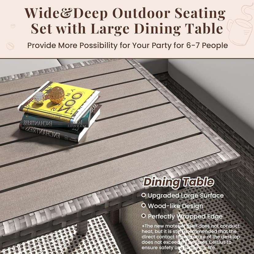 U-MAX 7 Pieces Patio Furniture Set with 43 Inch Fire Pit Table, Outdoor Sectional Sofa Conversation Set, All Weather Wicker Rattan Dining Table & Chair with Ottoman, Grey Rattan&Grey Cushion