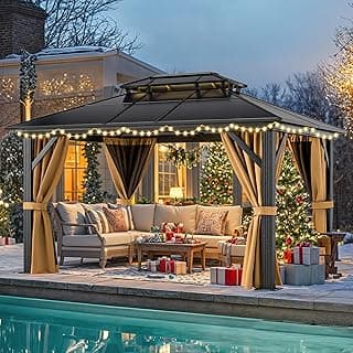 YITAHOME 10x12FT Gazebo Hard-Top Double Roof Canopy Outdoor with Netting and Shaded Curtains, Aluminum Frame Polycarbonate Hardtop Garden Tent for Patio, Backyard, Deck and Lawns, Brown