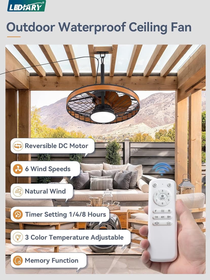 LEDIARY Outdoor Ceiling Fans with Lights, IP65 Waterproof Gazebo Fan with Hanging Hook,6 Speeds, 3CCT, 20 Inch Wet Rated Plug in Ceiling Fan for Patios,Porch, Pergola,Canopy