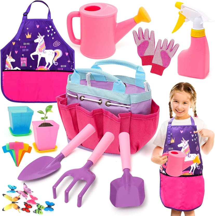 Kids Gardening Tools Set Includes Toddlers Gardening Gloves Sturdy Tote Bag Watering Can Shovel Rake Trowel Children Unicorn Apron Birthday Christmas Easter Gift for Kids Boys Girls