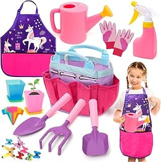 Kids Gardening Tools Set Includes Toddlers Gardening Gloves Sturdy Tote Bag Watering Can Shovel Rake Trowel Children Unicorn Apron Birthday Christmas Easter Gift for Kids Boys Girls