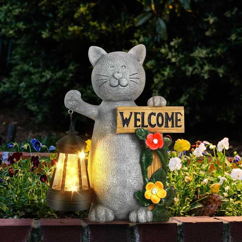 Solar Cat Statue Outdoor Decor-9.4" Welcome Garden Sculpture with Solar Lantern &3D Flowers,Weatherproof Resin Yard Art for Patio, Lawn,Yard Outside,Birthday Gifts for Mom,Grandma,Cat Lovers