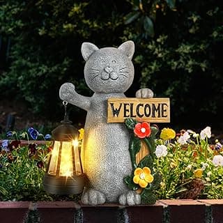 Solar Cat Statue Outdoor Decor-9.4" Welcome Garden Sculpture with Solar Lantern &3D Flowers,Weatherproof Resin Yard Art for Patio, Lawn,Yard Outside,Birthday Gifts for Mom,Grandma,Cat Lovers