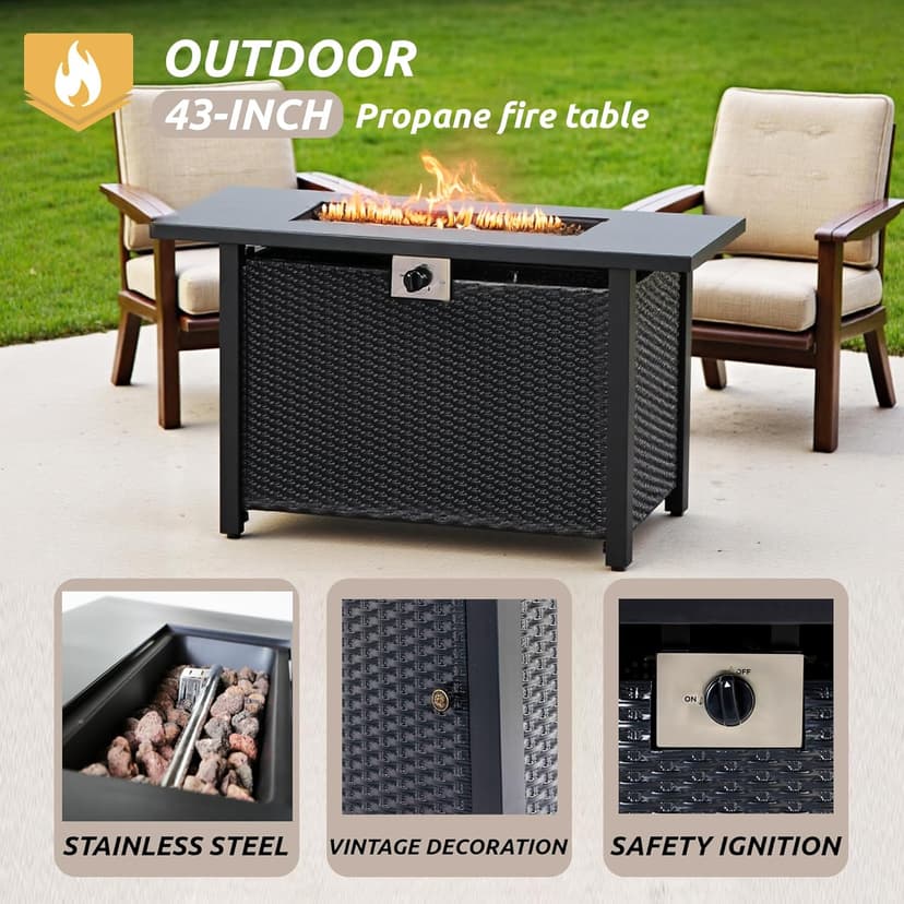 Propane Fire Pit Table,Out Door Fire Pits & Fireplaces,Gas Fire Pit with Lid and Lava Rock.Square Black Fire Pit Table on Patio Deck & Garden Backyard. (Raven‌ Black, 43-inch)
