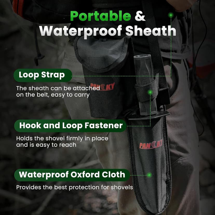 PANCKY Metal Detector Shovel with Extended Handle & Carrying Sheath, Heavy Duty Double Serrated Edge Metal Detecting Digging Tool, Digger Trowel for Gardening, Camping, Black