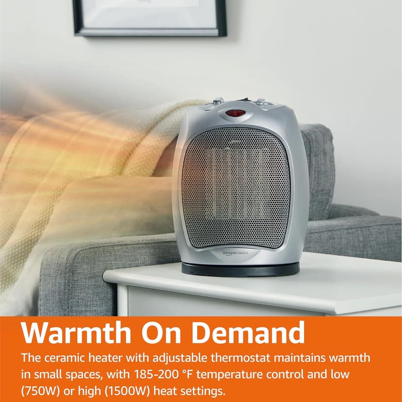 Amazon Basics Oscillating Ceramic Space Heater, Portable Heater for Indoor Use, for Office and Home, With Overheat and Tip-Over Protection, Thermostat, 1500W, Silver, 7.52"D x 6.34"W x 9.45"H