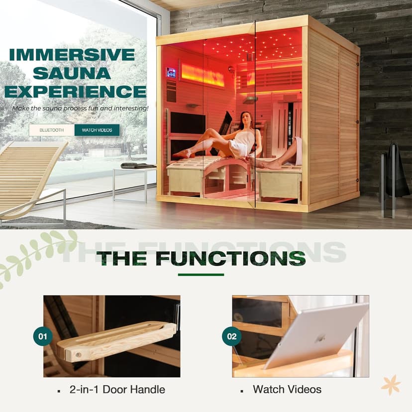 Infrared Sauna,2 Person Luxurious Indoor Sauna with Recliner, Wooden Sauna with 7-Color Starry Ceiling,9 Heating Tubes,5 Carbon Panels,2-in-1 Door Handle,Himalayan Salt Brick,220V