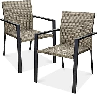 Best Choice Products Set of 2 Stackable Outdoor Wicker Dining Chairs All-Weather Firepit Armchair w/Armrests, Steel Frame for Patio, Deck, Garden, Yard - Taupe