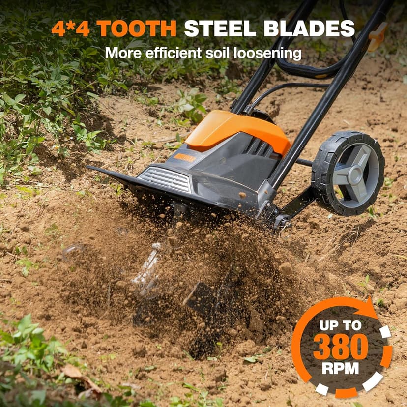 Alloyman 10-Amp Electric Tiller Cultivator, 14 Inch Tilling Width 8.7-Inch Corded Tiller with Foldable Handle, Adjustable Wheels Rototiller for Garden Lawn Yard Soil Cultivation