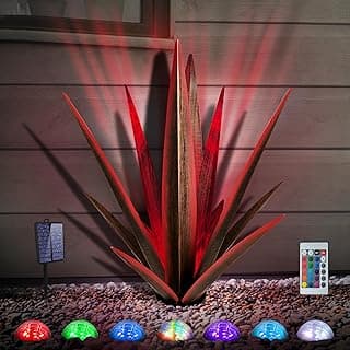 Large Tequila Rustic Sculpture, Rustic Metal Agave Plants for Outdoor Patio Yard, Home Decor Hand Painted Metal Agave Garden Yard Statue, Outdoor Lawn Ornaments (Red - L (W/Solar Light))