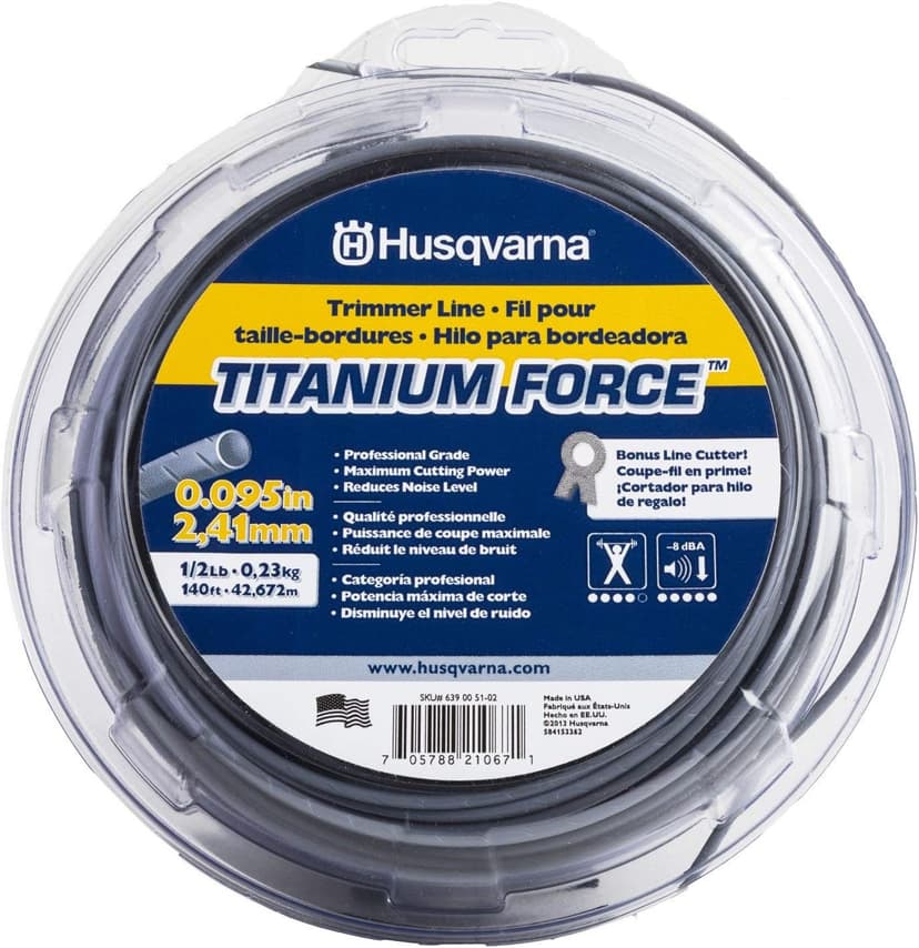 Husqvarna Titanium Force 0.095-Inch, 140-Foot Spooled String Trimmer Line, Professional Grade Copolymer Weed Eater Line with Cutter, 639005102